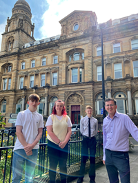 School pupils Kieran McGeown Darcy Milne and Tyler Forman with Councillor Jim Clocherty taking part in the Inverclyde Council Career Ready programme